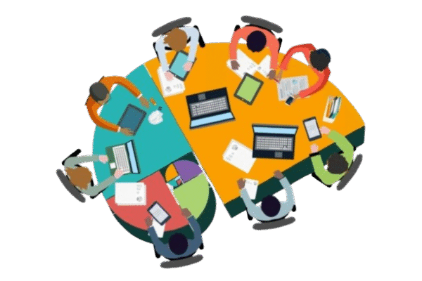 Illustration of individuals working around a round table with laptops, books, and papers, followed by the text 'The best ADHD planners for adults in 2024.' The text discusses how ADHD planners can help adults improve productivity and executive functioning skills, especially in managing life with ADHD.