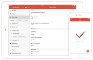 Todoist app interface displayed on a tablet and smartphone showing tasks and projects