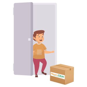 Image of boy near box delivery at door