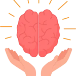 Illustration of hands supporting a brain, representing mental health care and emotional wellness