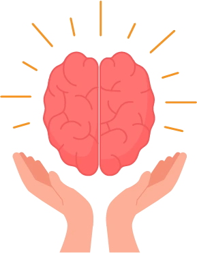 Illustration of hands supporting a brain, representing mental health care and emotional wellness