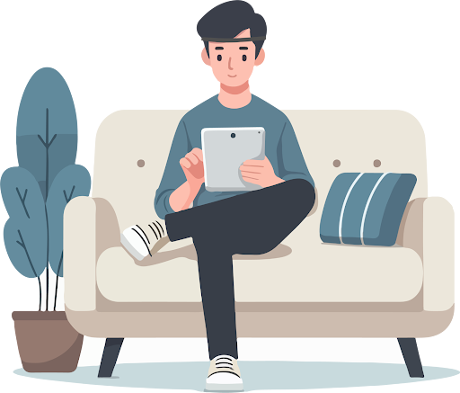 Illustration of a person sitting on a couch using a tablet during an at-home neurofeedback session.