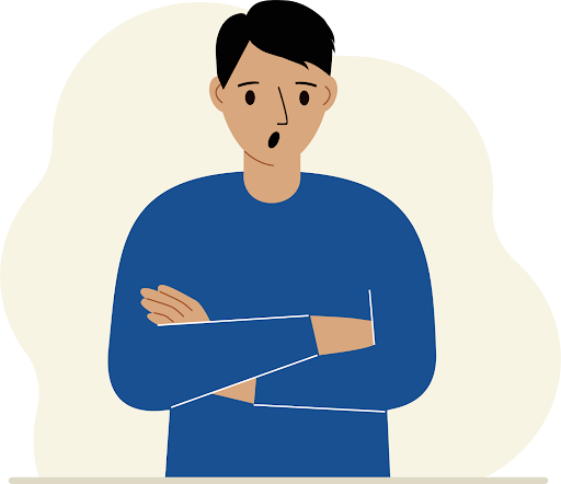 Illustration of a person with folded arms looking thoughtful, representing feeling stuck or frozen.