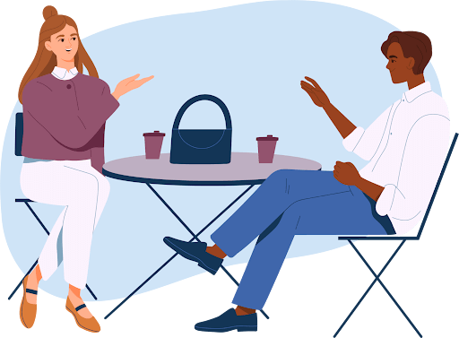 Illustration of two adults calmly talking at a table, representing improved communication and emotional regulation through neurofeedback.