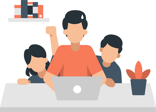 An illustration of a person working on a laptop at home while two kids are playfully distracting them.