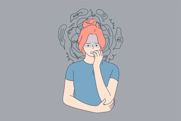 a worried woman biting her nails with chaotic swirling thoughts around her head