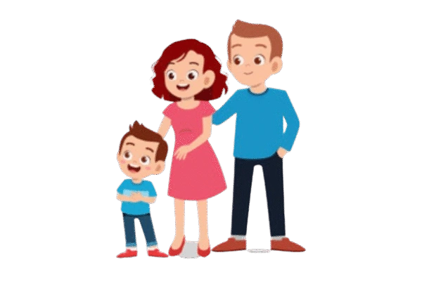 a smiling family with a mother, father, and young son