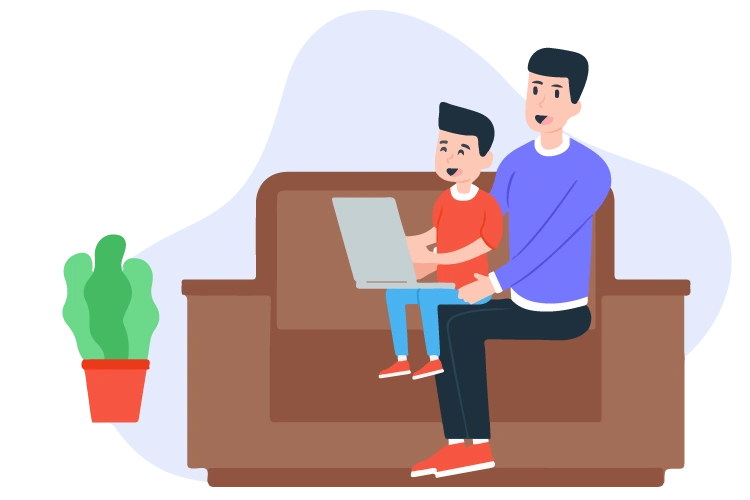 a father and son sitting together on a couch using a laptop