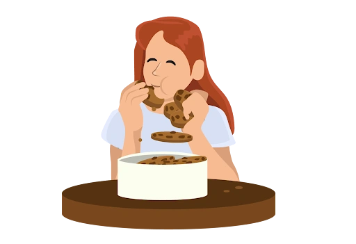 a girl impulsively eating cookies from a jar