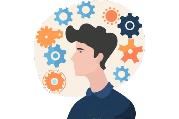 a man with colorful gears around his head representing active thinking