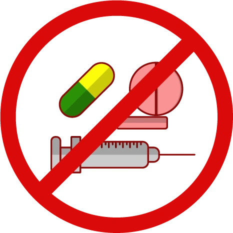 No medication icon with pills and syringe crossed out in a red prohibition sign