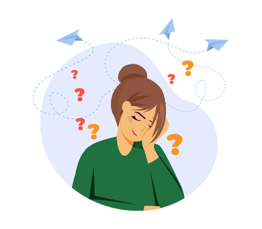 a tired woman surrounded by question marks and paper planes representing mental load and overwhelm