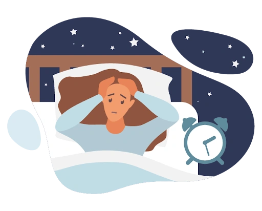 a woman lying awake in bed at night with an alarm clock representing insomnia