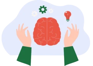 Two hands holding a brain with gears and a light bulb representing logical and creative thinking
