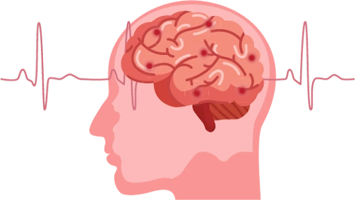 a human head with a visible brain and a brainwave rhythm line