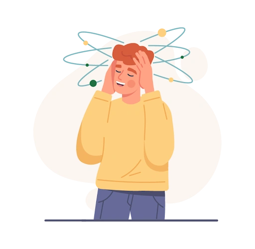 a person holding their head with swirling orbits representing mental overwhelm and overstimulation