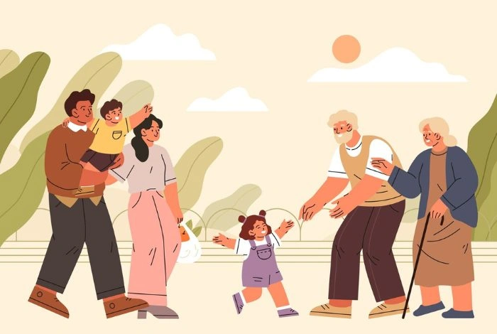 multigenerational family with grandparents greeting grandchildren outdoors