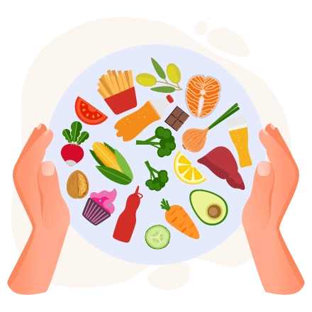two hands holding a plate filled with a variety of foods