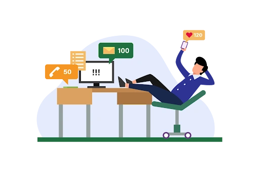 a person relaxing at a desk distracted by social media and notification alerts
