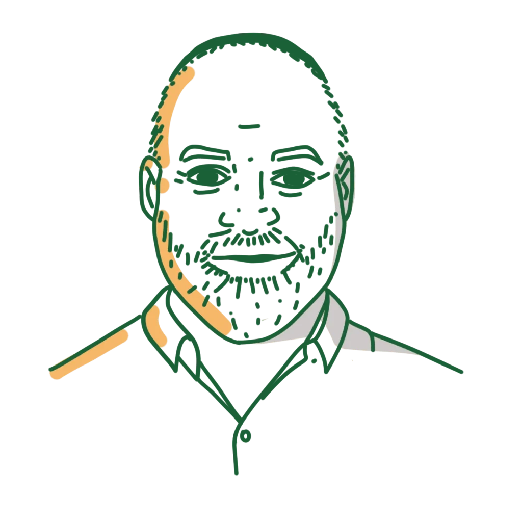 Minimalist line art portrait of a smiling man with a beard