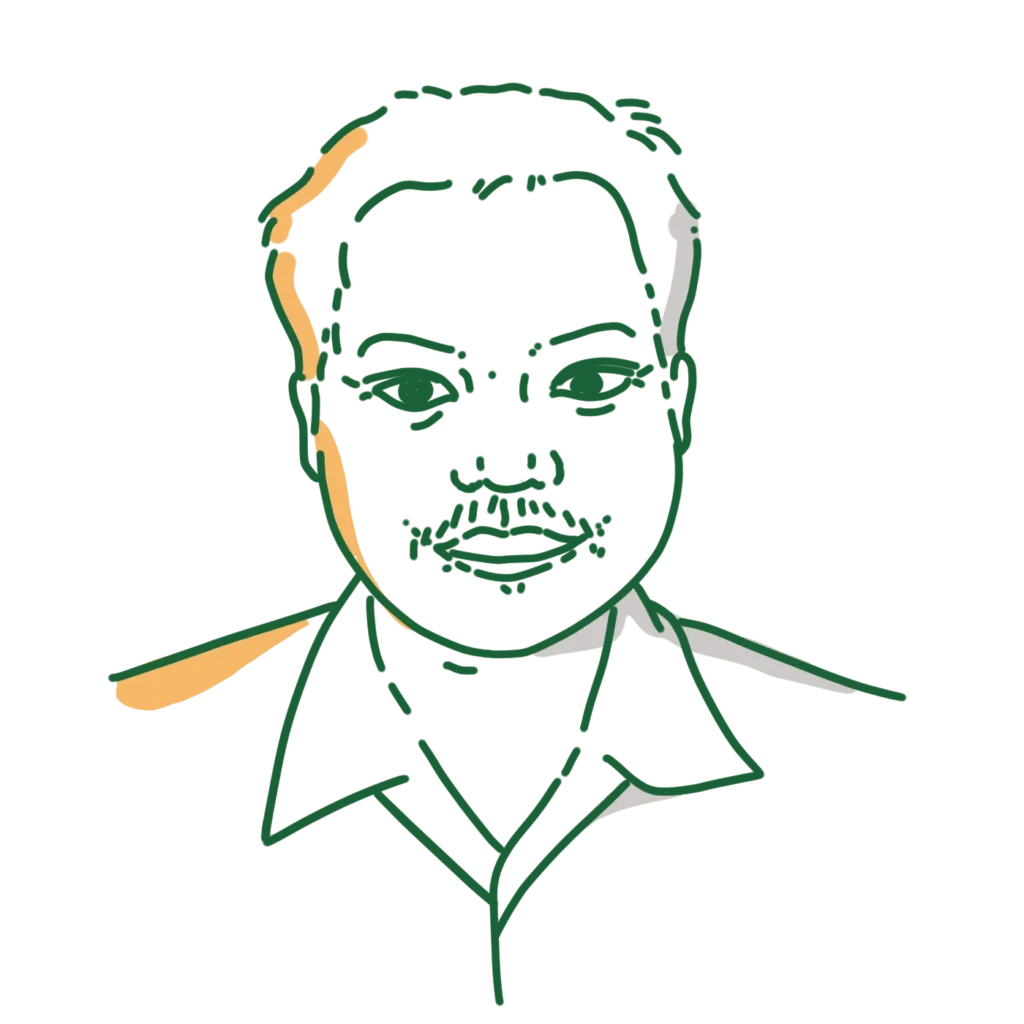 Minimalist line art portrait of a smiling man with short hair