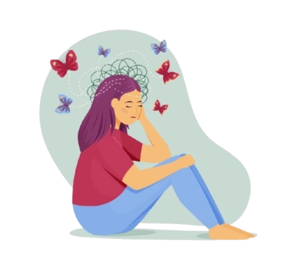 Young woman sitting alone with tangled thoughts and butterflies representing anxiety or mental stress