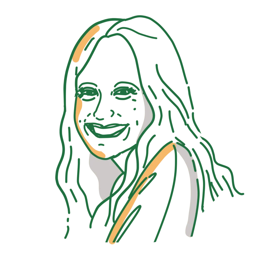 Minimalist line art portrait of a smiling woman with long hair