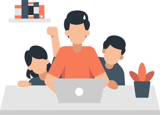 A parent working on a laptop at home with two children beside them