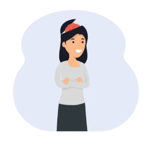 a smiling woman with a visible brain on her head