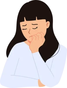 a woman with eyes closed biting her nails looking anxious and worried