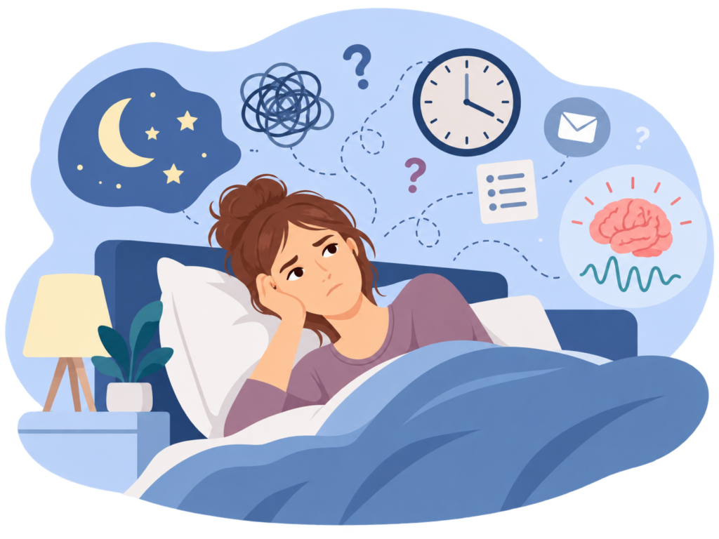 Illustration of a woman lying awake in bed with racing thoughts, highlighting sleep difficulties and how neurofeedback for sleep may help improve brain regulation.