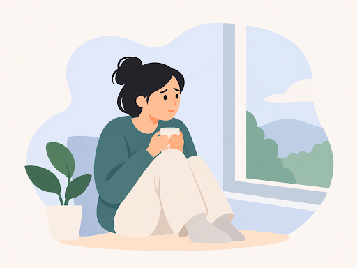 a woman sitting alone by a window looking tense and withdrawn
