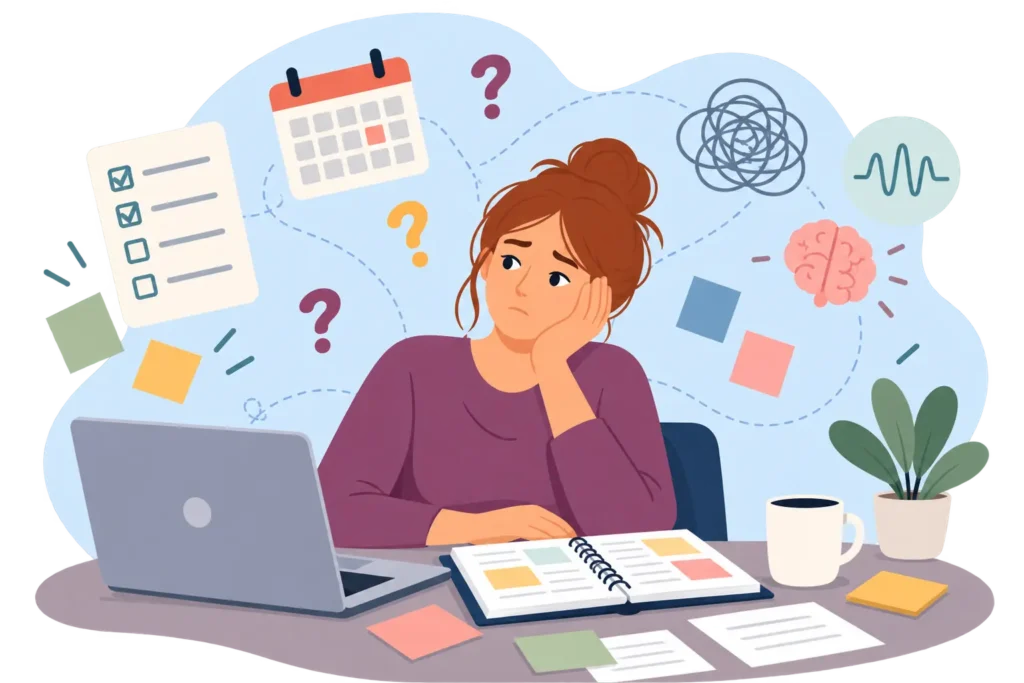 Illustration of an adult woman with ADHD feeling overwhelmed by planners, tasks, and productivity challenges.