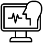 Computer monitor displaying a soundwave with a human head profile icon representing voice recognition