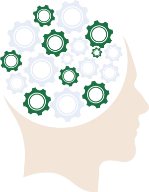 human head with gears inside representing brain activity and thinking
